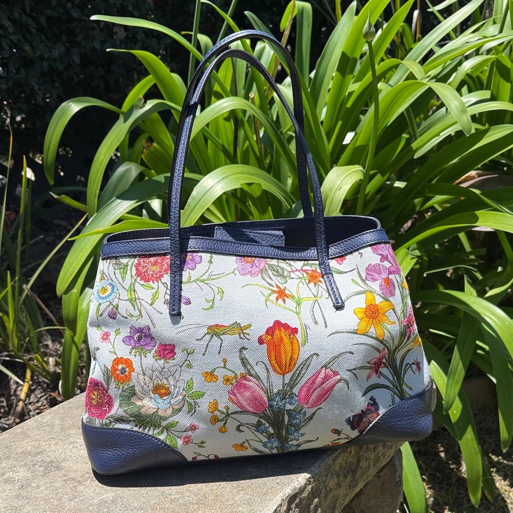 Gucci Japan Floral Canvas Tote with Navy Leather Trim